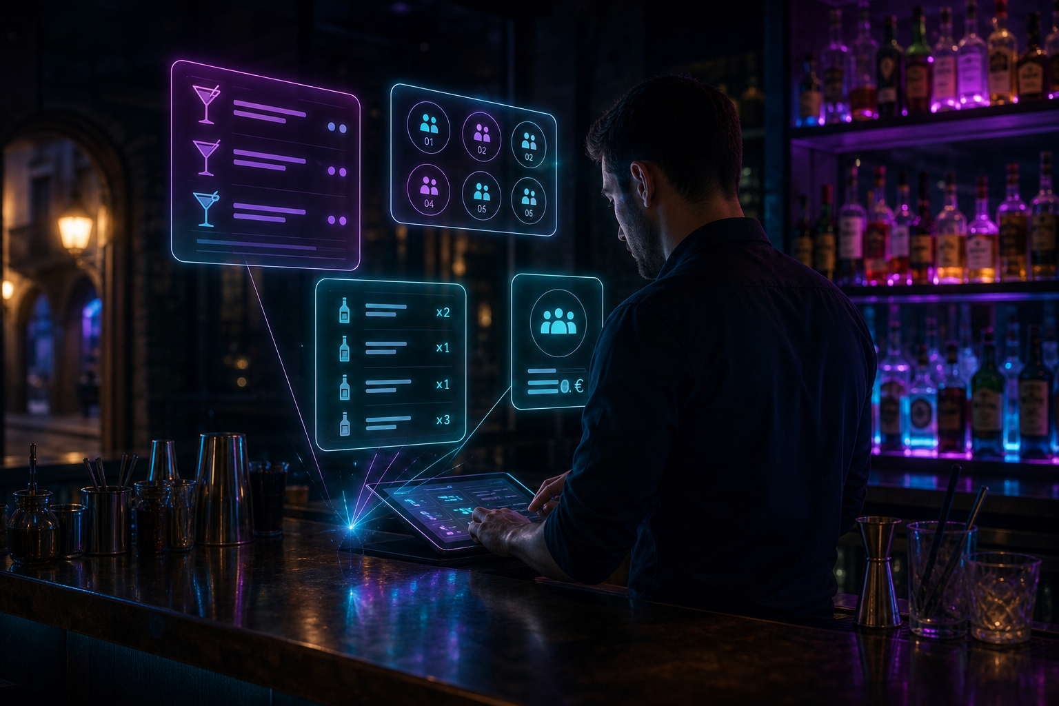 Camarero en un bar con tablet y comandas digitales holográficas