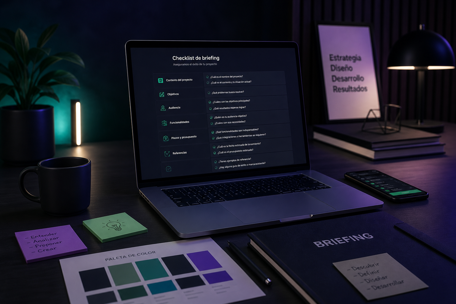 Mesa de trabajo con portátil, checklist de briefing y muestras de marca