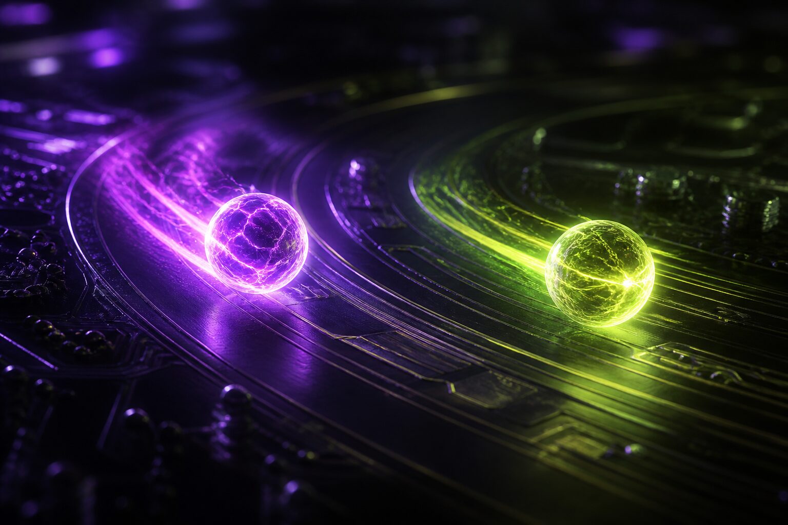 Dos orbes de runtime compitiendo sobre un circuito impreso