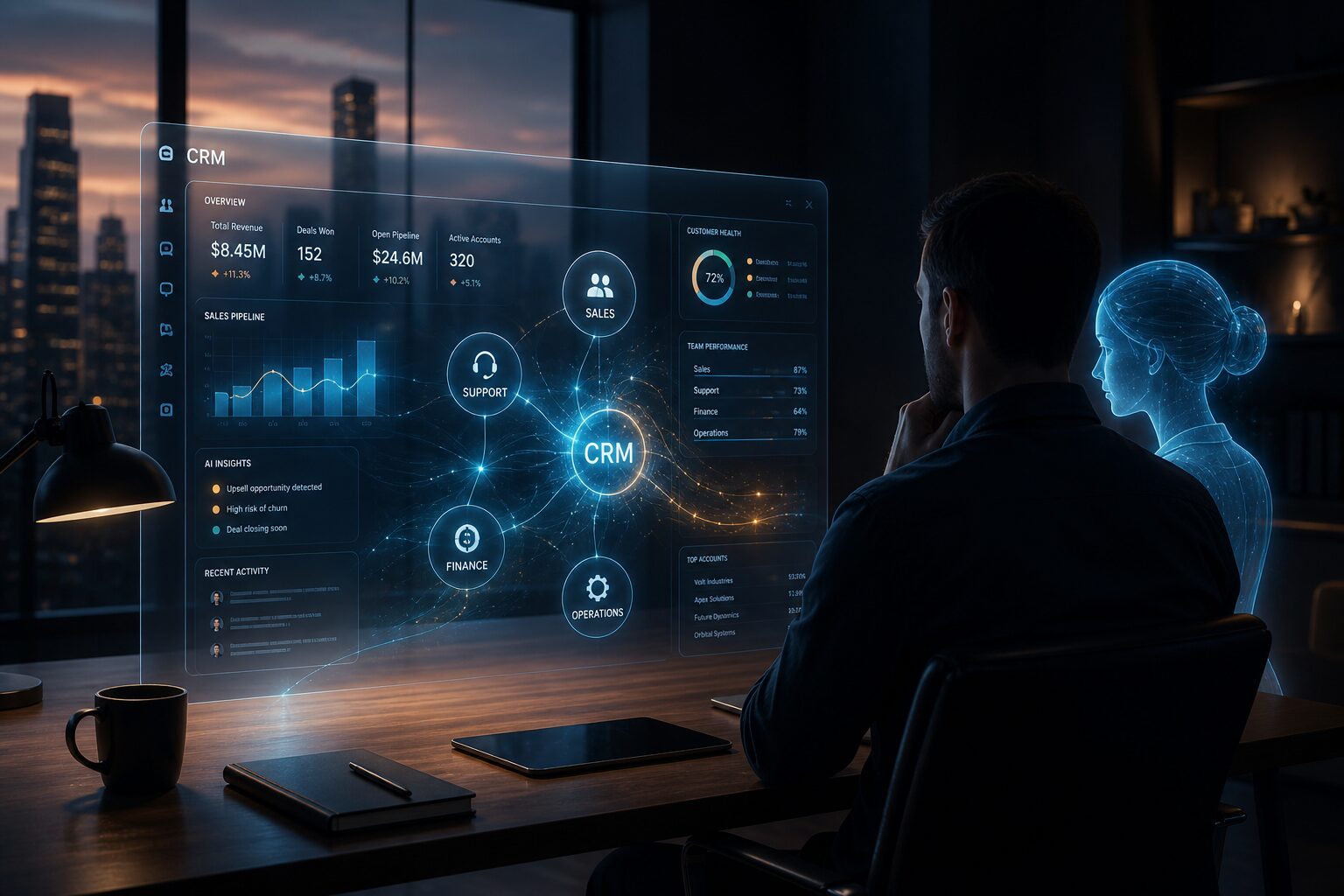 Panel de CRM luminoso conectando ventas, soporte y operaciones en un despacho