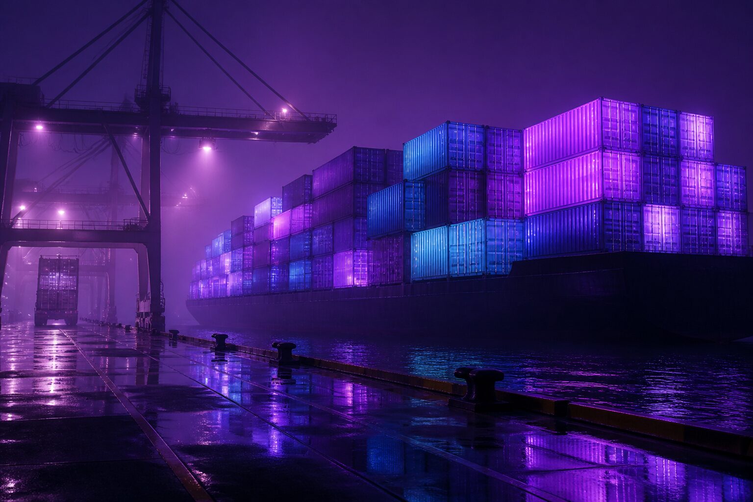Contenedores luminosos apilados en un muelle nocturno