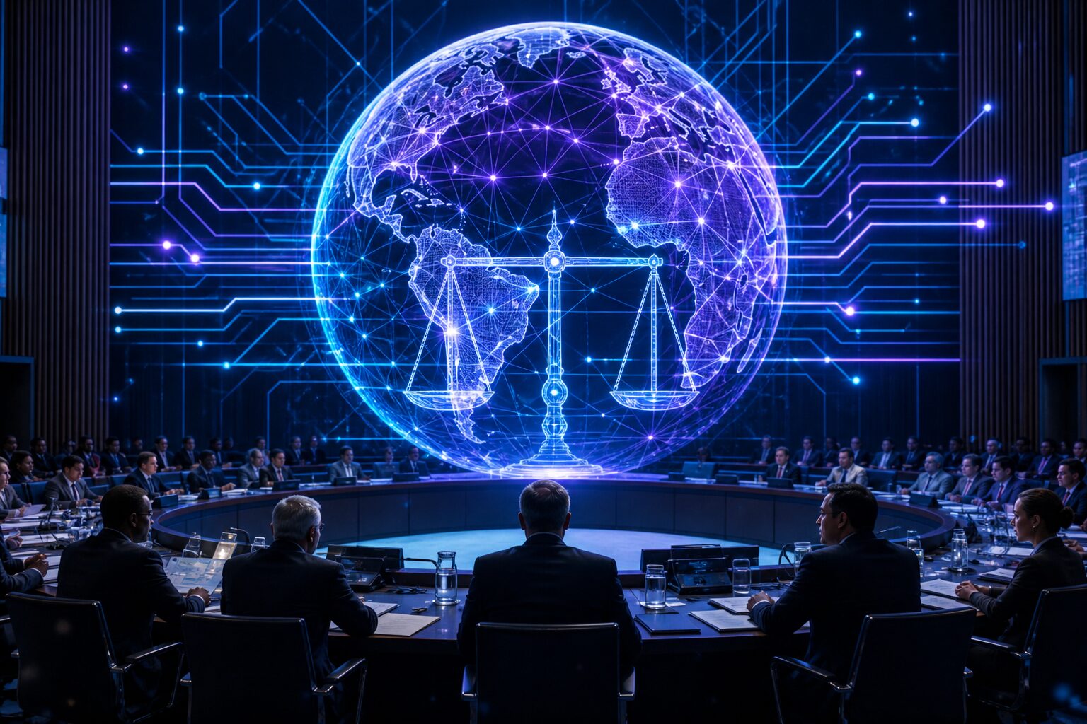 Salón institucional oscuro con globo terráqueo holográfico e IA en neón violeta