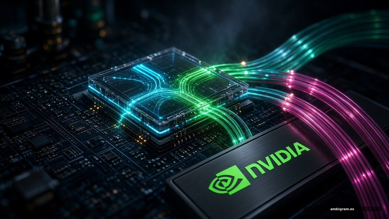 Chip fotónico iluminado con el logo de NVIDIA
