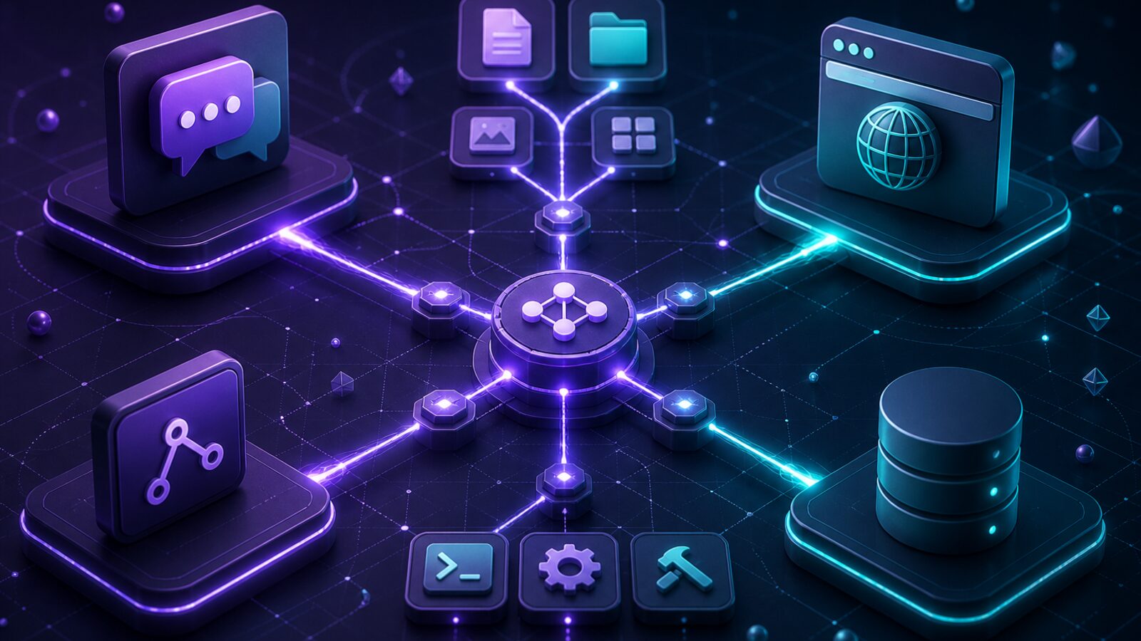 Nodos de protocolo conectando chat, repositorio y herramientas