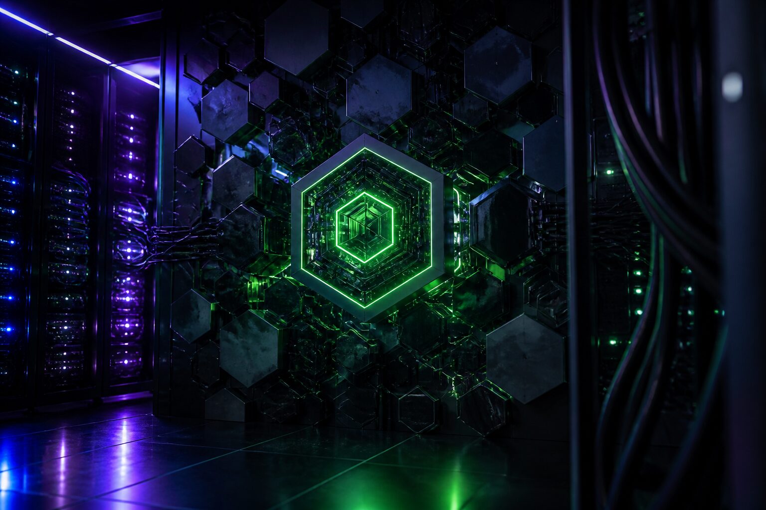 Núcleo hexagonal iluminado en un centro de datos, metáfora del runtime Node.js