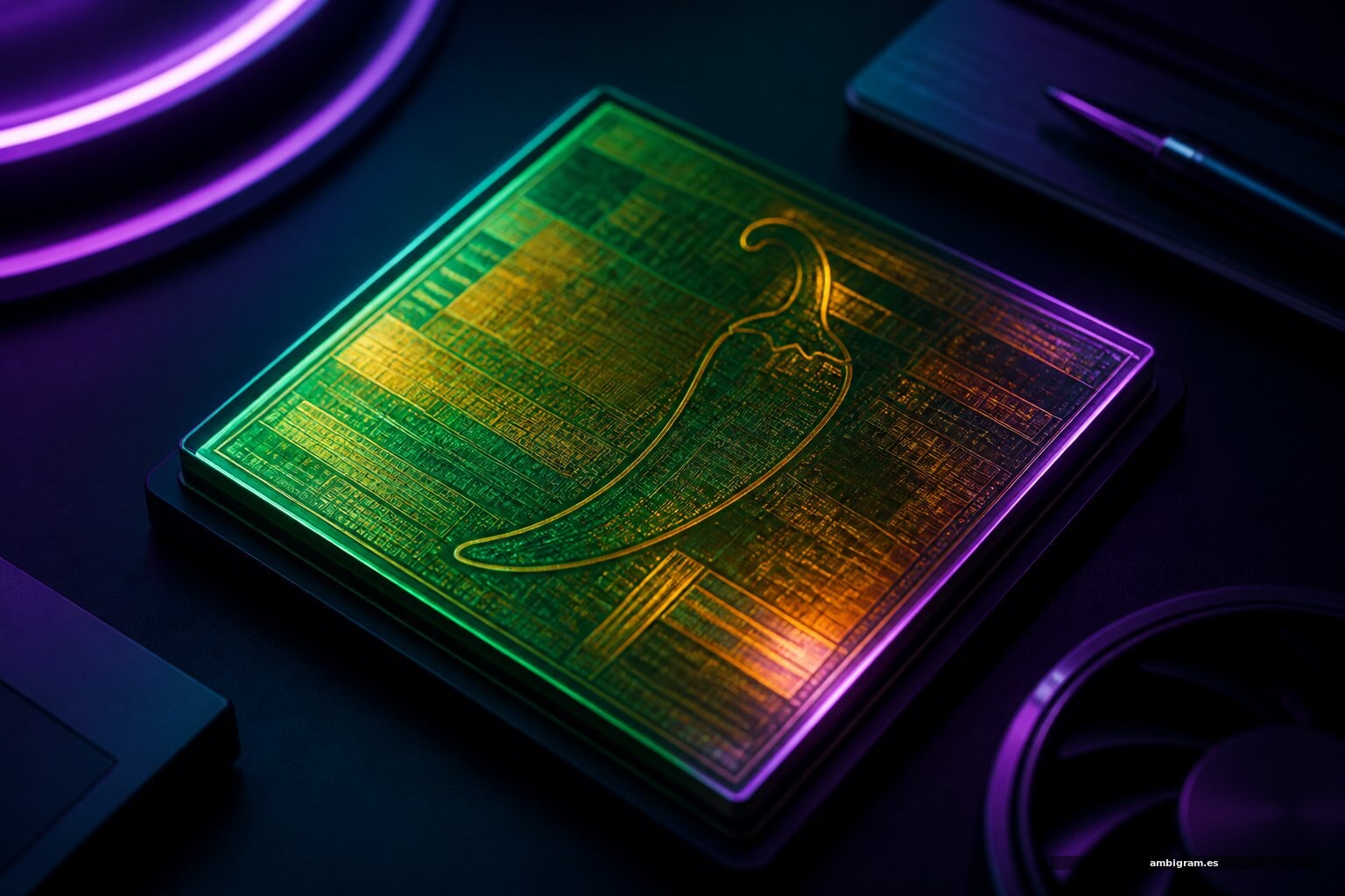 Chip de inteligencia artificial con luz verde y ámbar, concepto Jalapeño