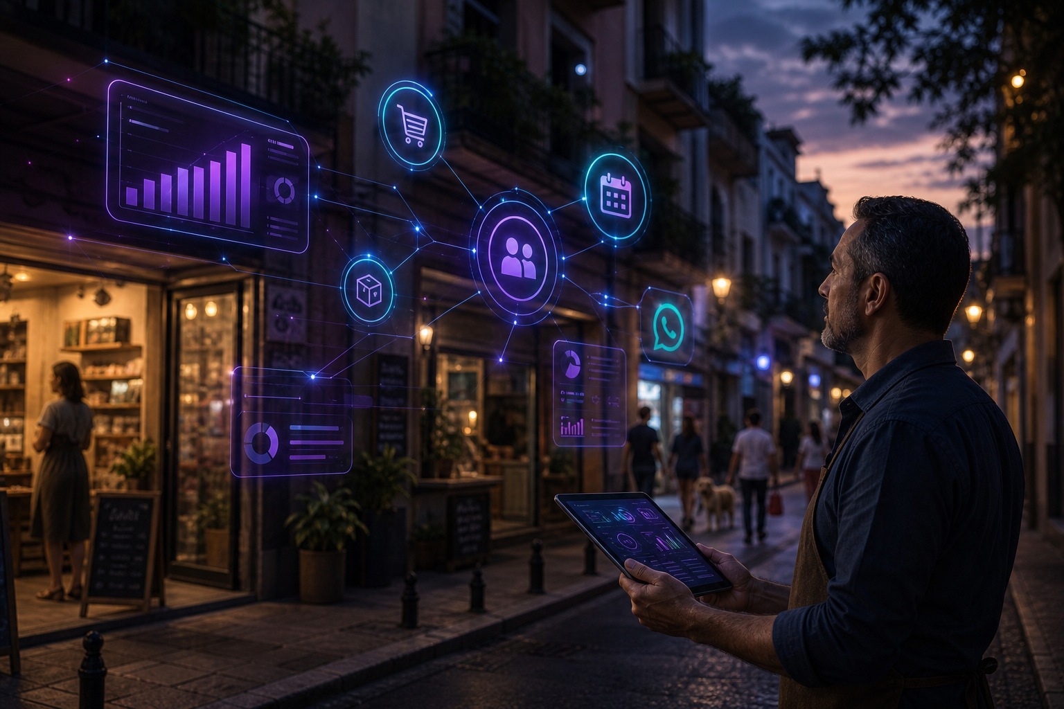 Calle de comercios locales con panel digital holográfico unificado