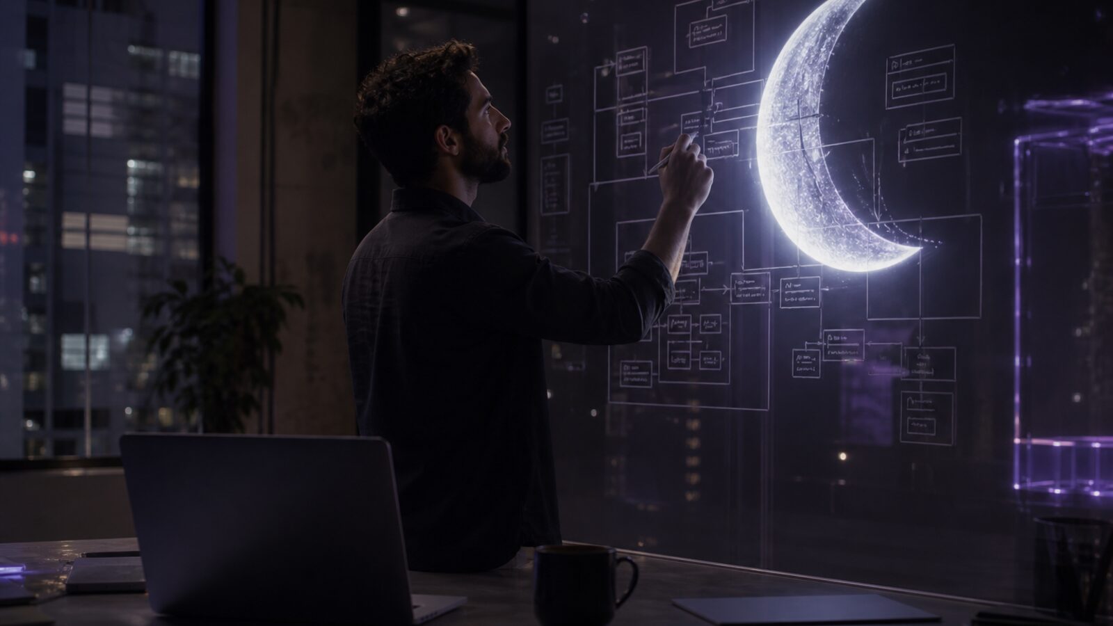 Espacio de ideación con un modelo de IA ligero iluminando un tablero de arquitectura