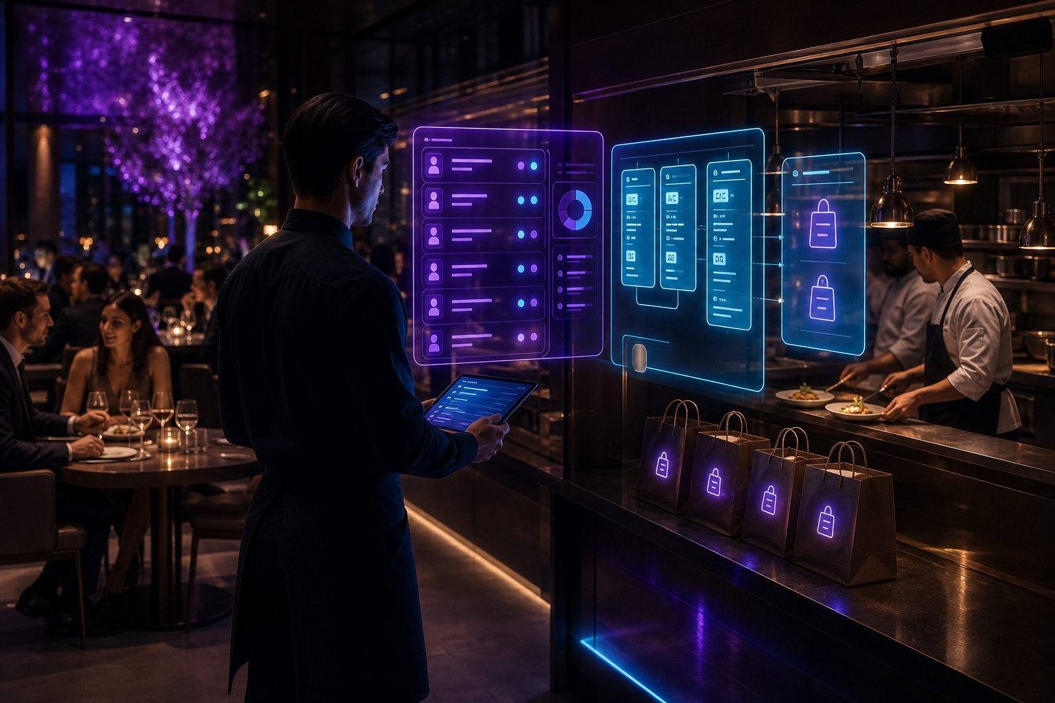 Restaurante con tablet conectando sala, cocina y pedidos de delivery