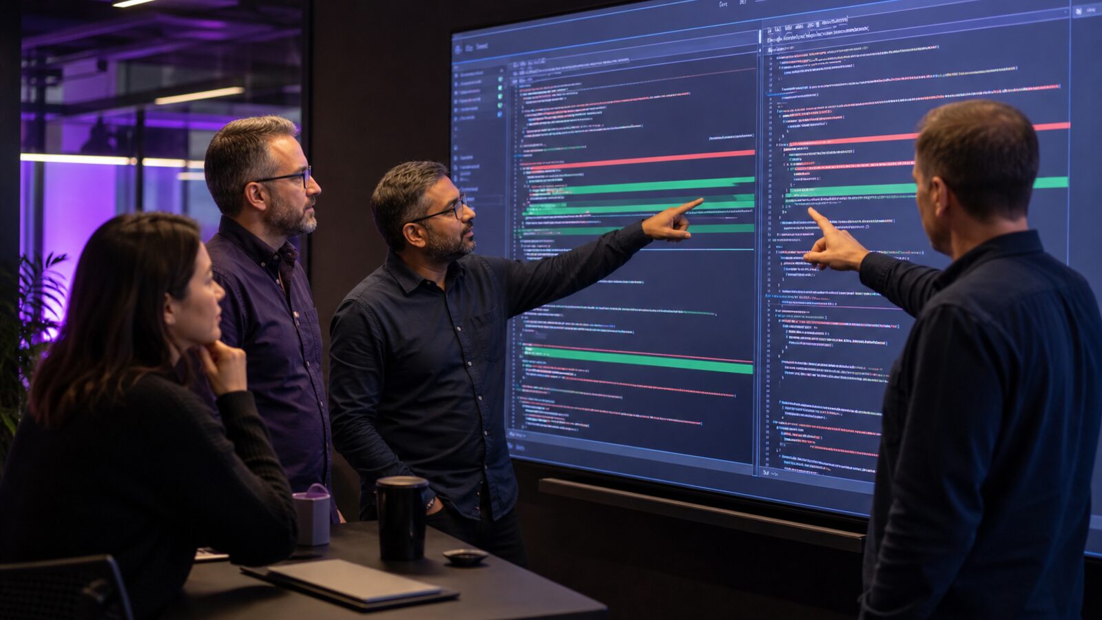 Varios desarrolladores revisando en equipo un diff generado con IA