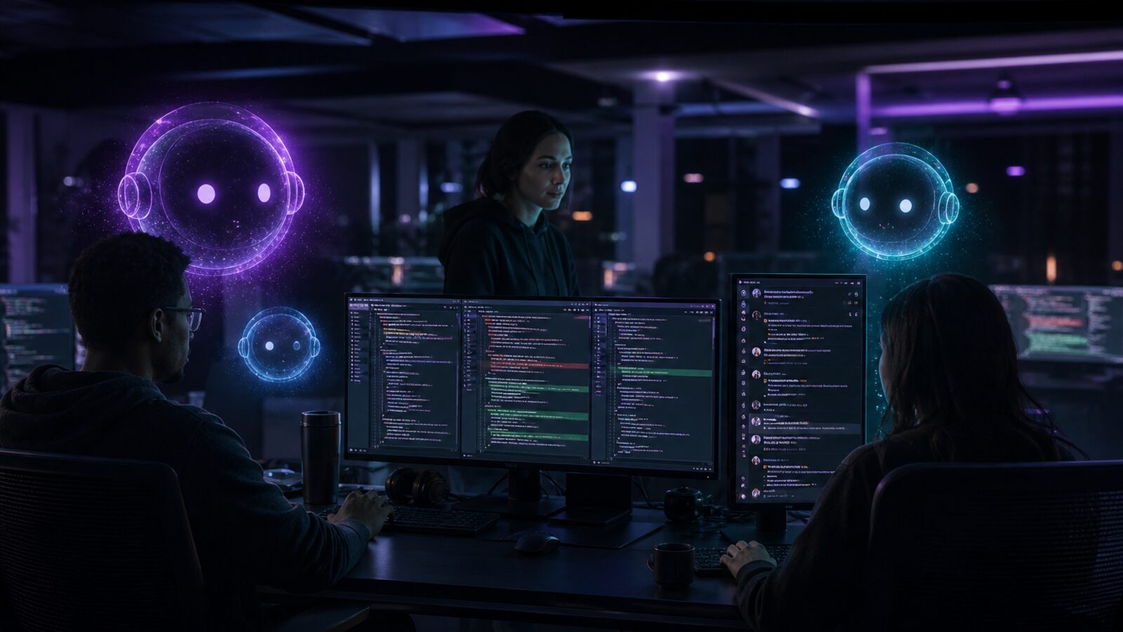 Equipo revisando código con agentes de IA en un canal compartido