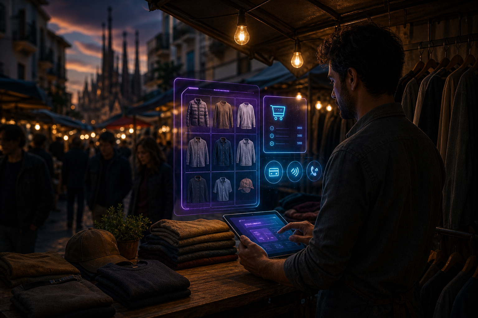 Vendedor ambulante en un mercadillo usando una tablet con interfaz holográfica de ventas