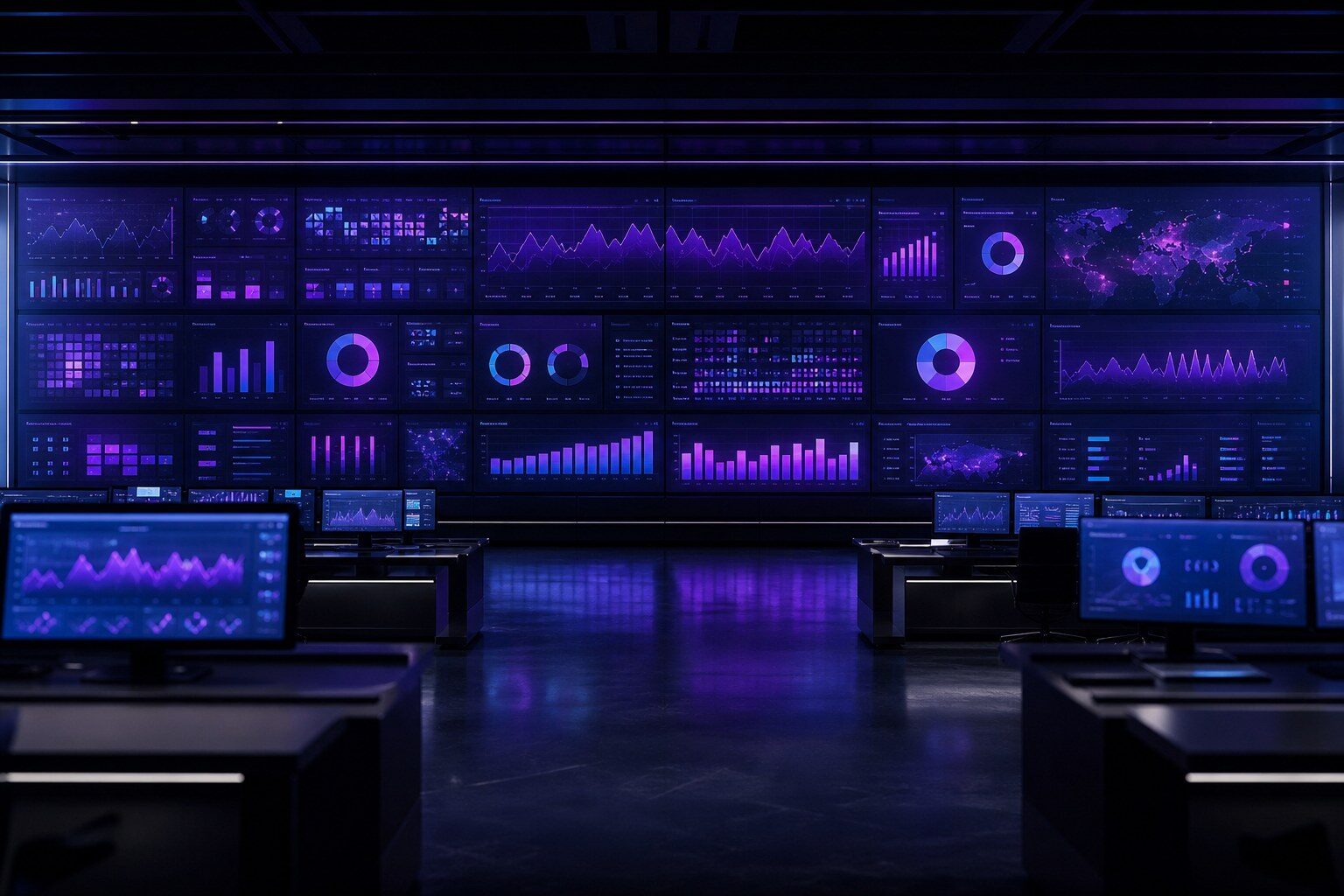 Panel de gráficas estadísticas con neón en entorno oscuro