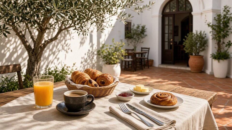 Patio de desayuno de hotel andaluz con mesa de madera, zumo y luz de mañana
