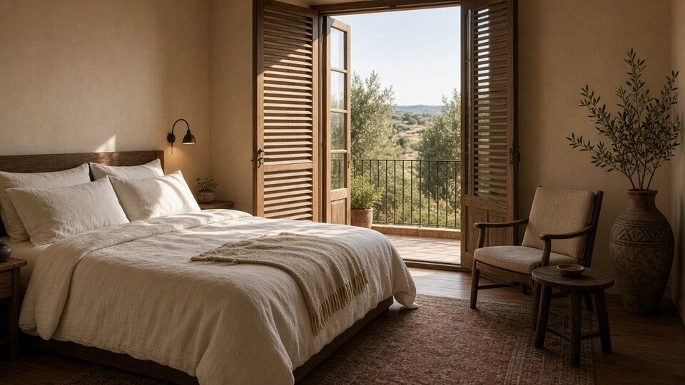 Habitación de hotel boutique con cama de lino, luz natural y terraza