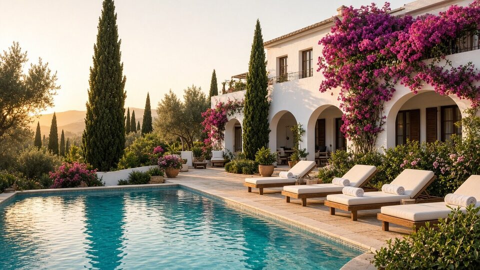 Piscina de hotel boutique al atardecer con tumbonas y fachada blanca