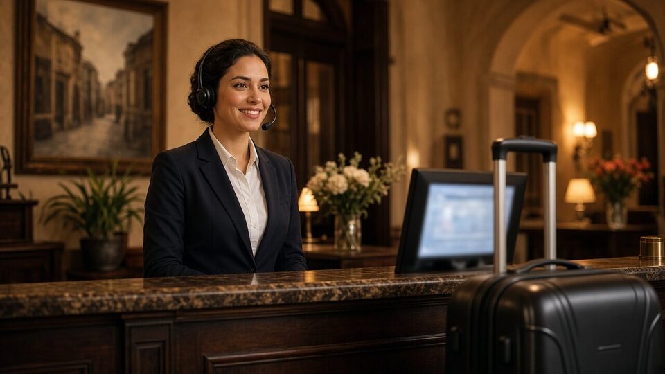 Mostrador de recepción de hotel boutique con tablet de ocupación