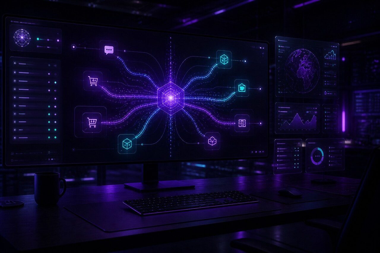 Centro de integraciones con flujos neón entre servicios en sala oscura