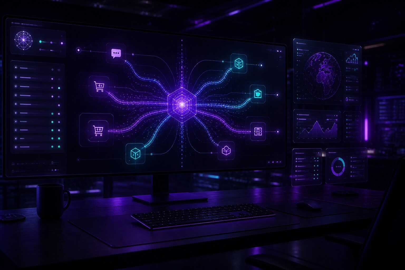 Centro de integraciones con flujos neón entre servicios en sala oscura