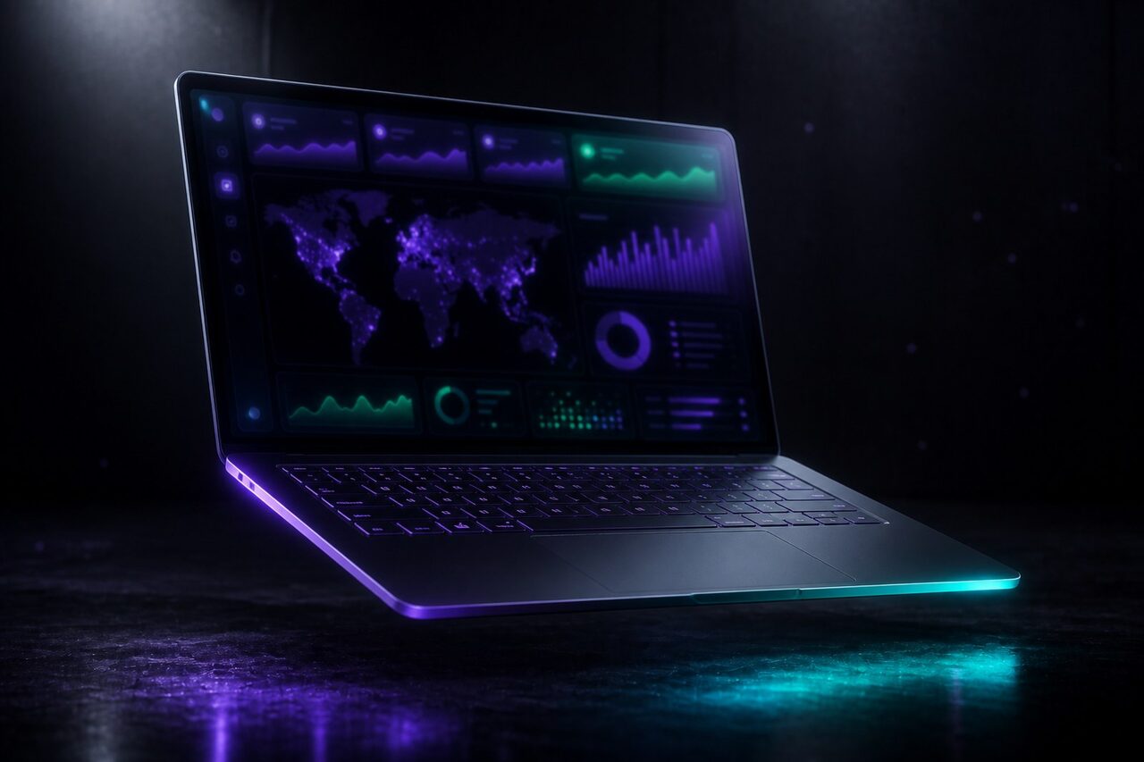 Portátil LuminaBook Air fotorealista con neón