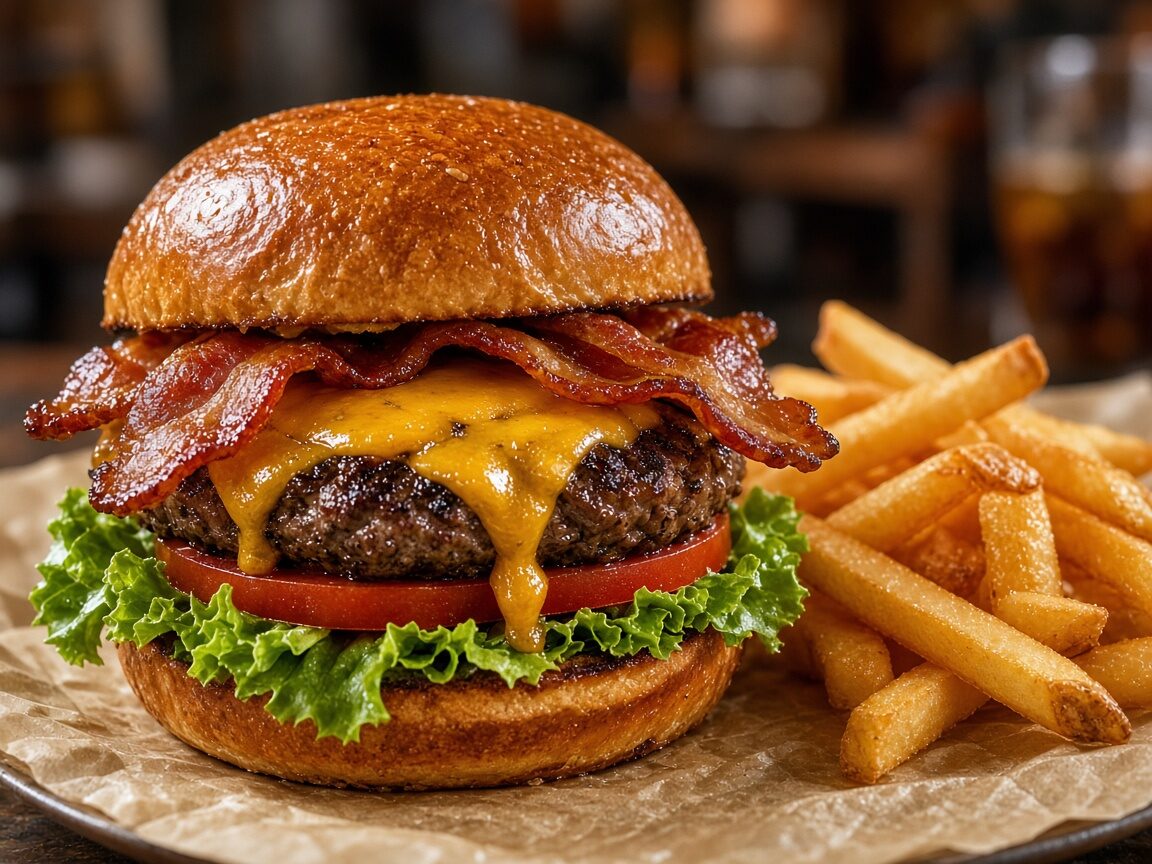 Hamburguesa gourmet con cheddar y bacon en pan brioche