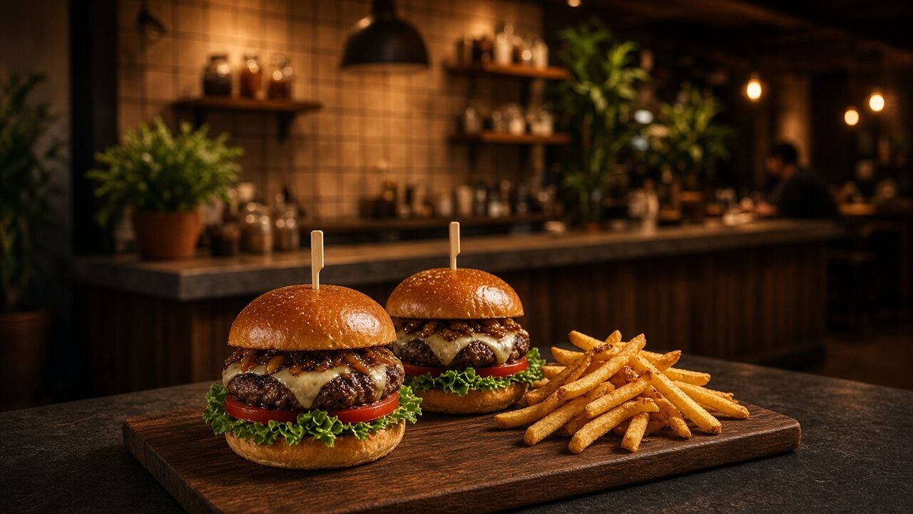 Mostrador de hamburguesería con burgers gourmet y luz cálida