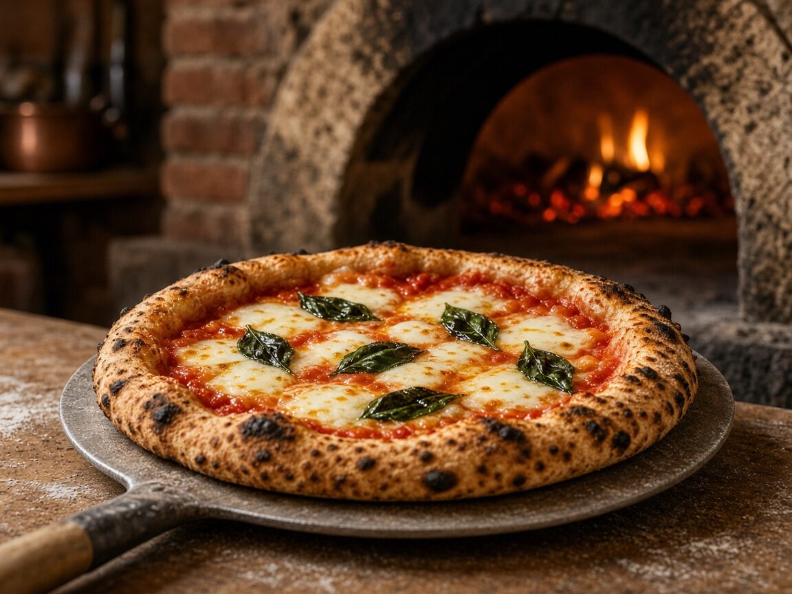 Pizza artesanal recién salida del horno de leña