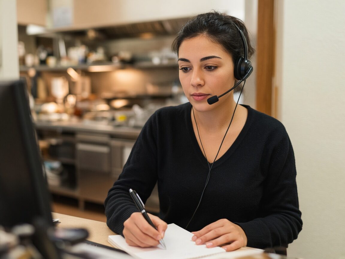 Recepcionista con auriculares tomando un pedido por teléfono