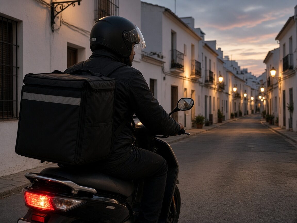Repartidor en scooter al anochecer en un pueblo andaluz