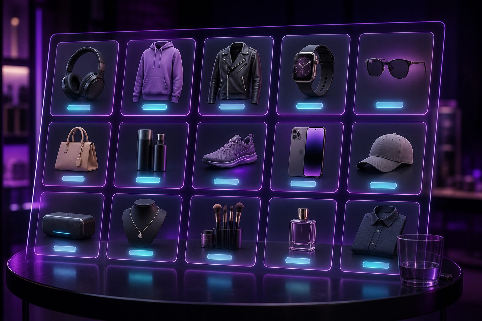 Catálogo de productos holográfico con neón violeta en estudio oscuro