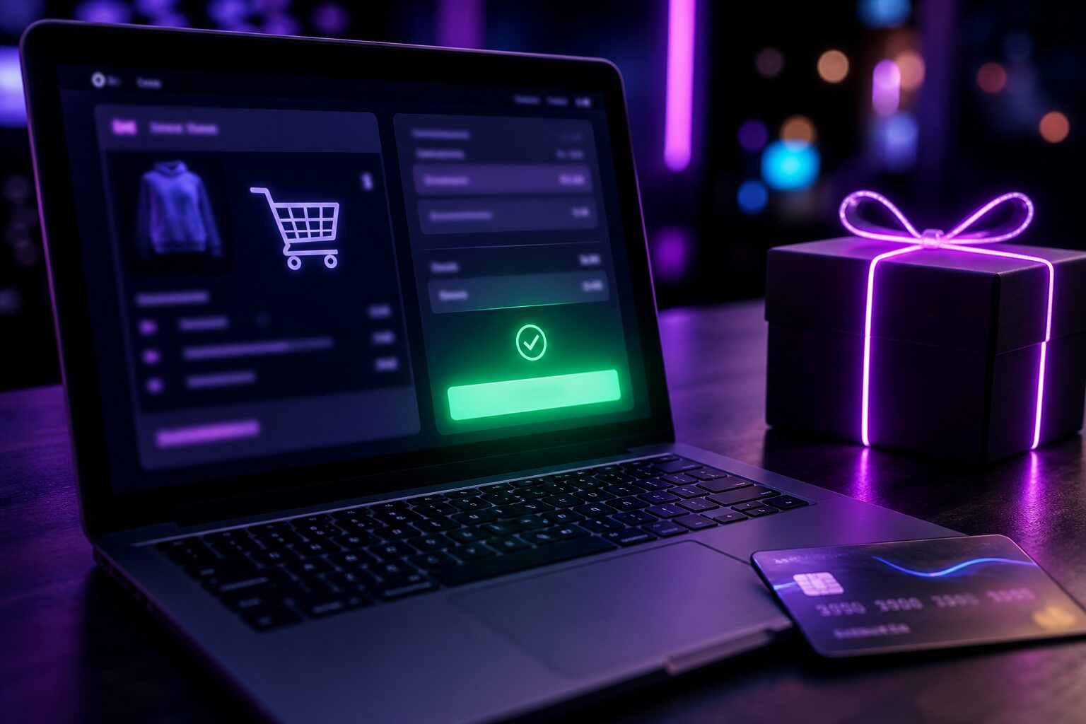 Portátil con checkout y carrito iluminados junto a tarjeta y paquete
