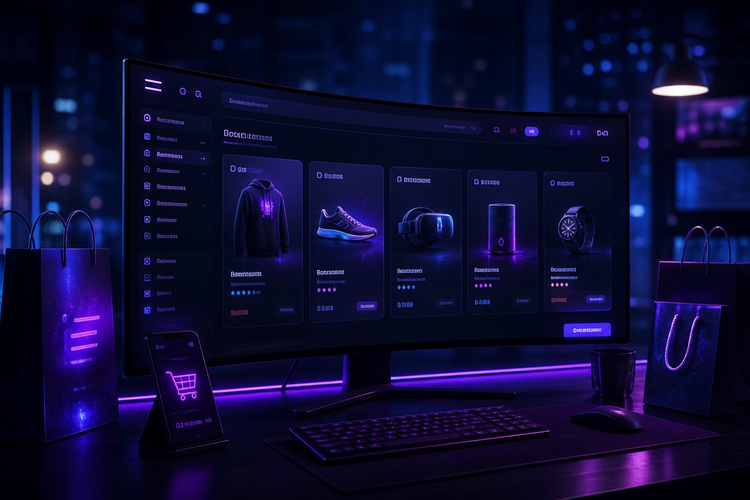 Escritorio oscuro con monitor de tienda online iluminada con neón violeta