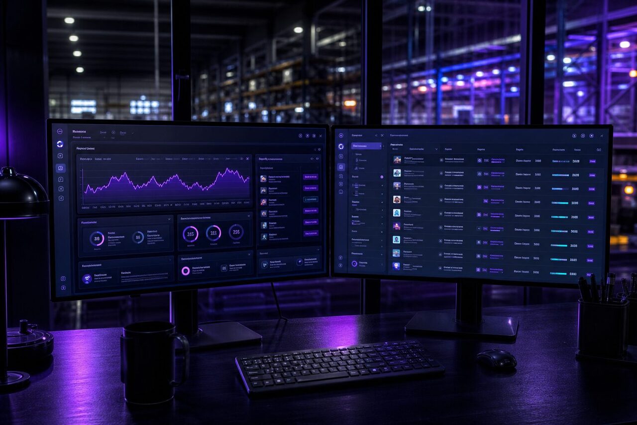 Panel de pedidos y stock en monitores con neón en sala de operaciones