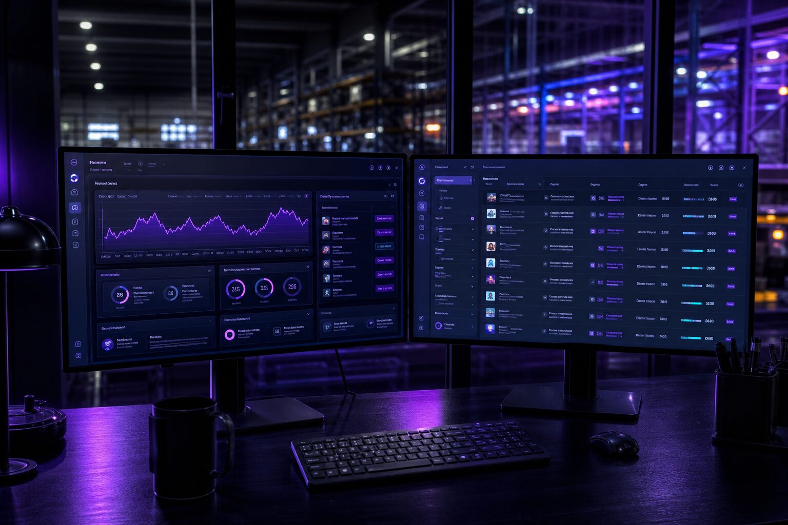 Panel de pedidos y stock en monitores con neón en sala de operaciones