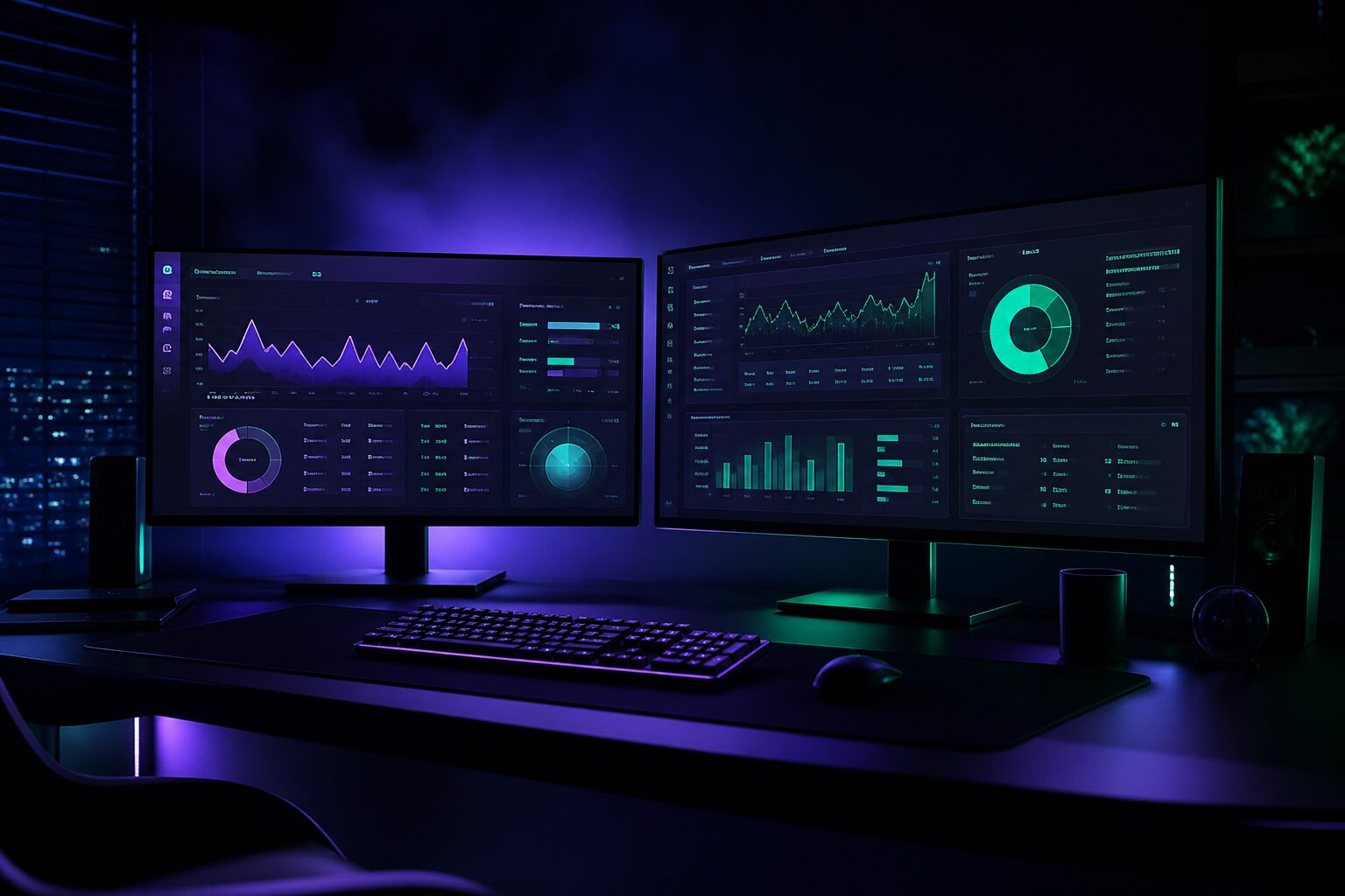 Estudio Ambigram: desarrollo de software en un entorno oscuro con paneles violeta y verde