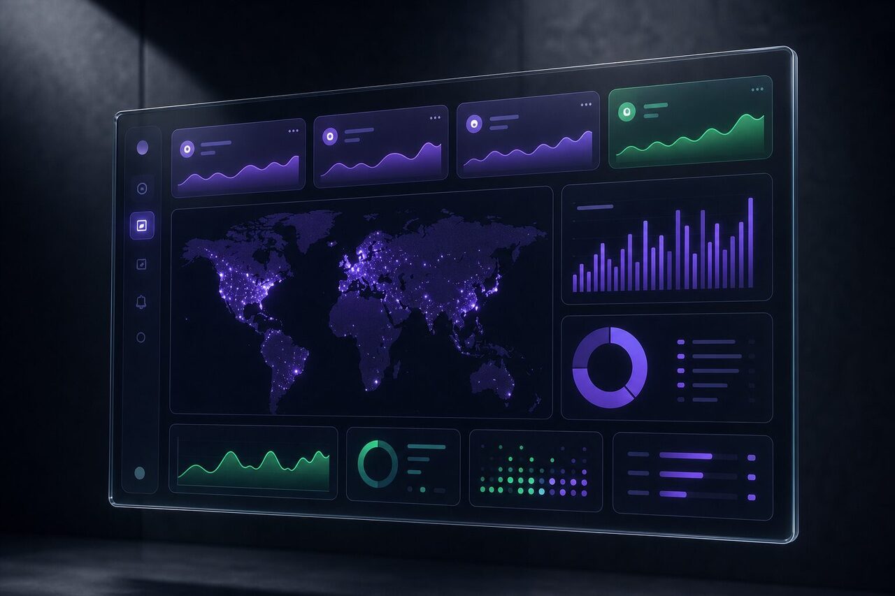 Dashboard SaaS con métricas en un entorno oscuro