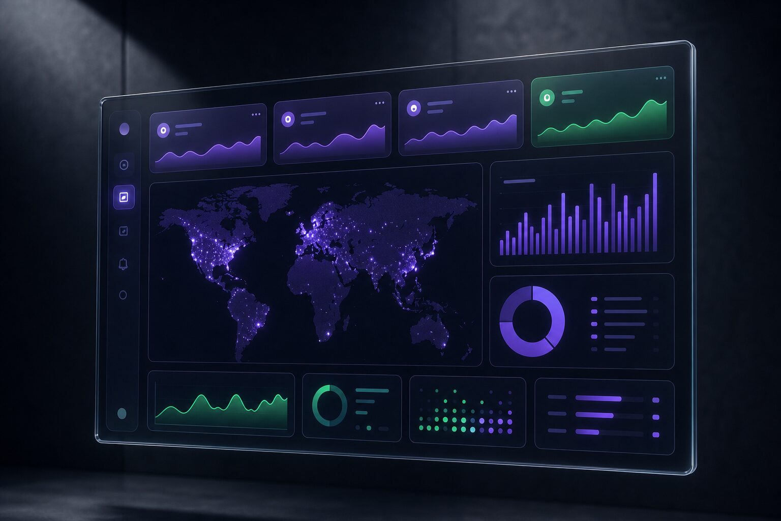 Dashboard SaaS con métricas en un entorno oscuro
