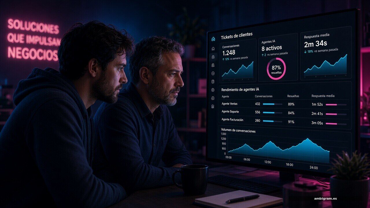 Equipo revisando un panel de conversaciones y agentes de IA con iluminación neón