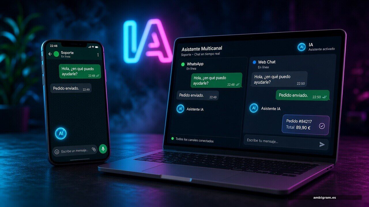 Móvil y portátil con chats de atención al cliente en castellano, luz neón cian y magenta