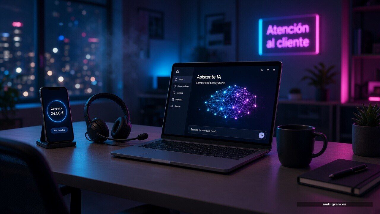Mesa de atención al cliente con portátil, móvil y auriculares iluminados con neón cian y magenta