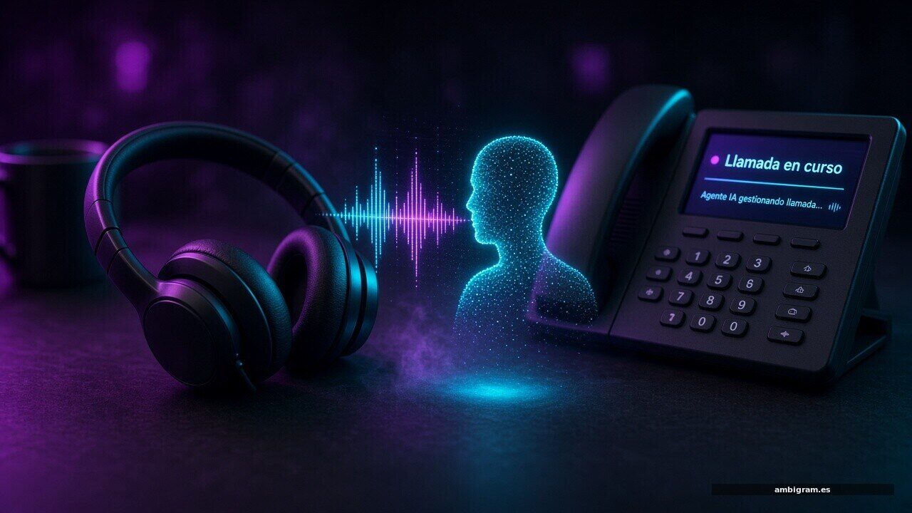 Auriculares y teléfono de escritorio junto a una onda de voz holográfica con luz neón