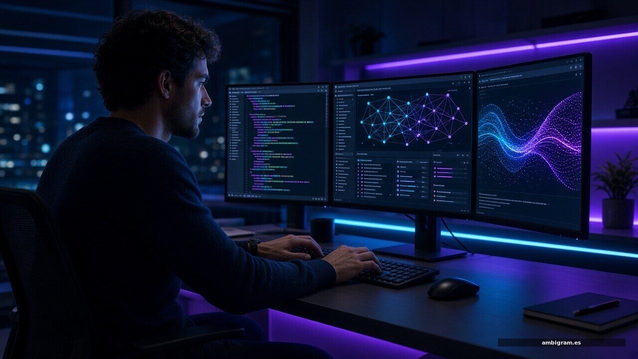 Desarrollador delante de varios monitores con código e interfaz, luz neón cian y violeta
