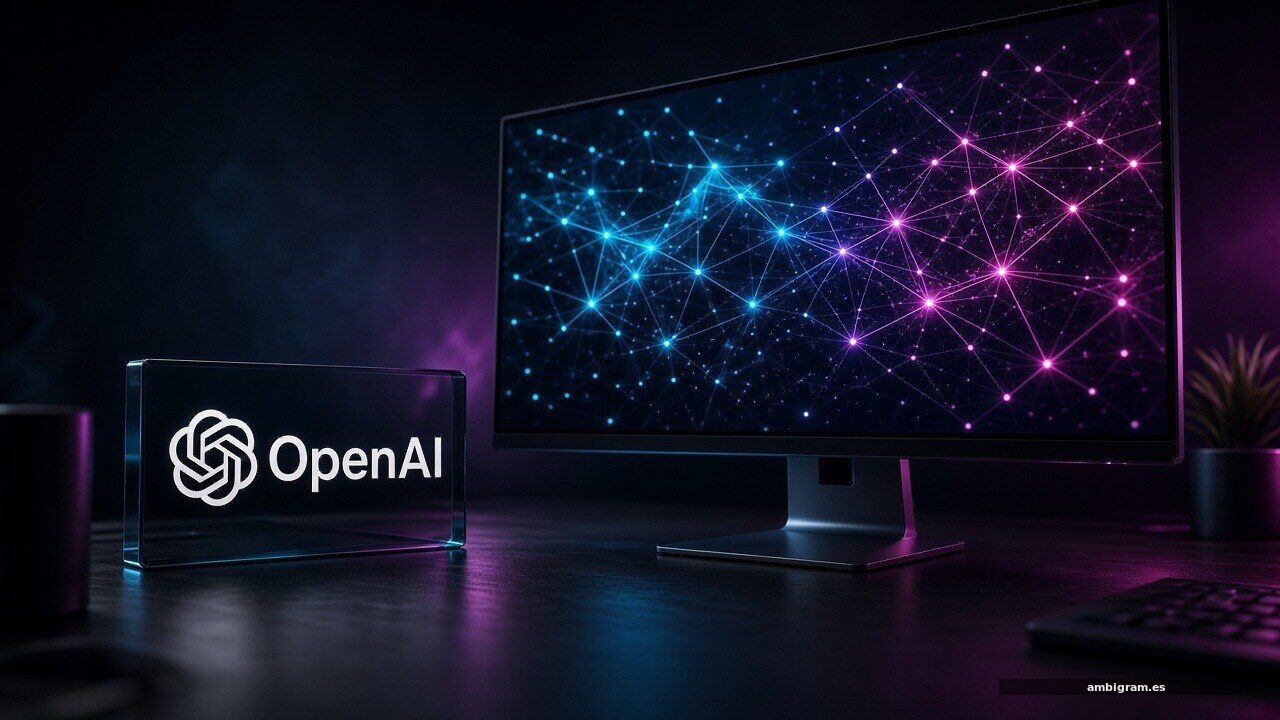 Logo de OpenAI en un escritorio tecnológico con neón cian y magenta