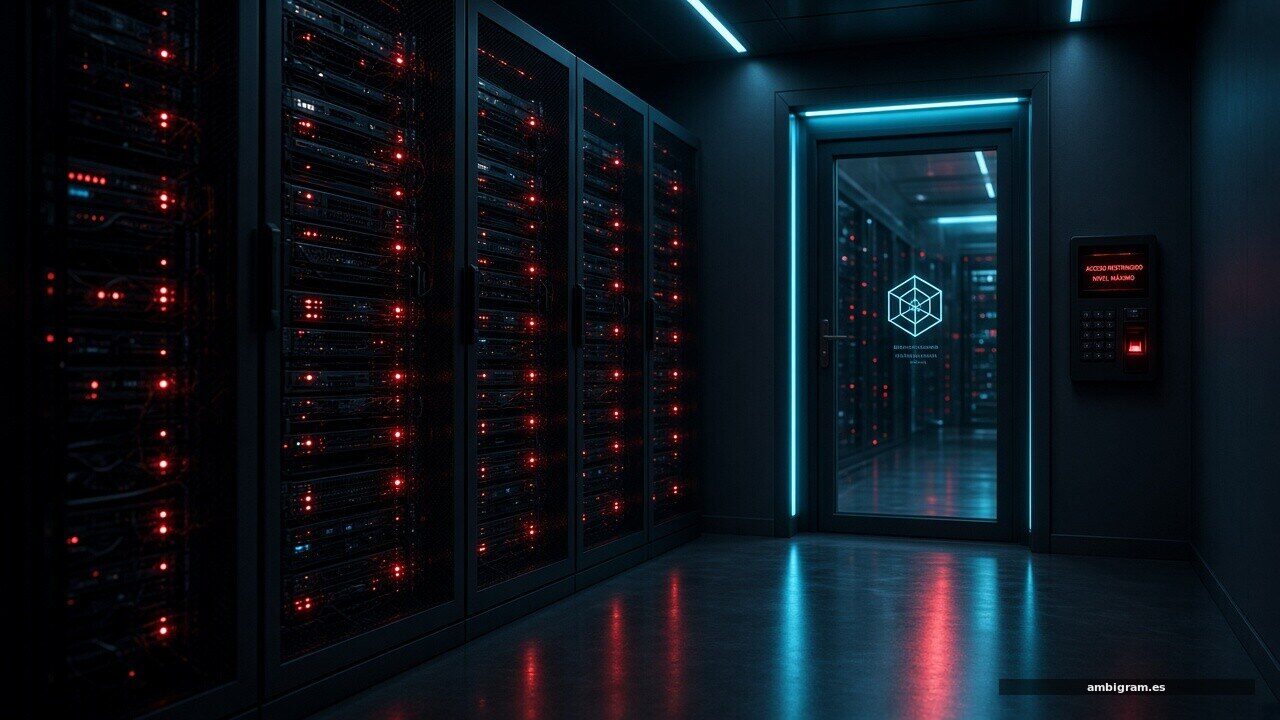 Pasillo de centro de datos con puerta de seguridad y luces de aviso rojas y cian