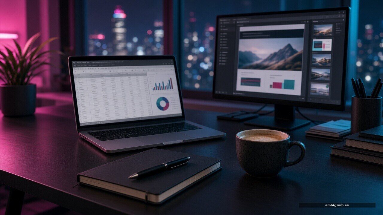 Mesa de trabajo con portátil, documentos y presentación, iluminación neón magenta y verde azulado