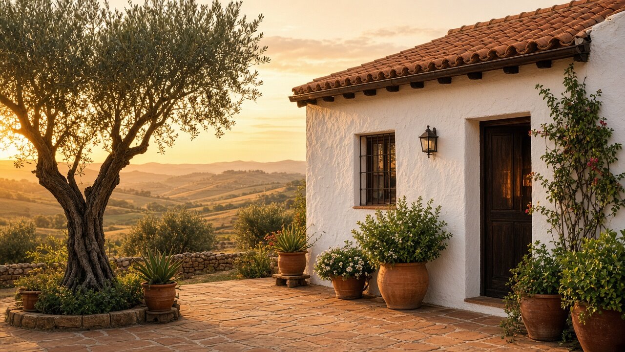 Casa rural blanca con porche y olivos al atardecer, ambiente turístico