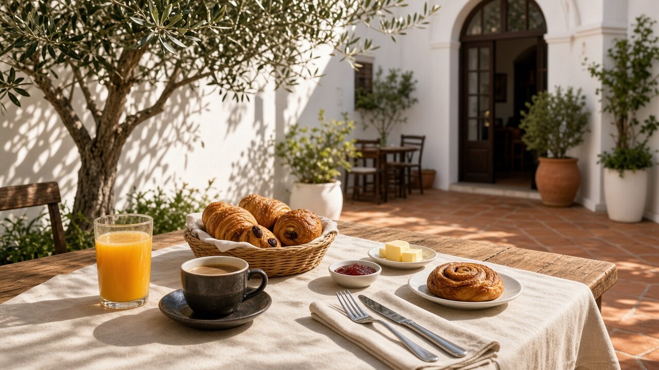 Patio de desayuno de hotel con mesa de madera, zumo y luz de mañana