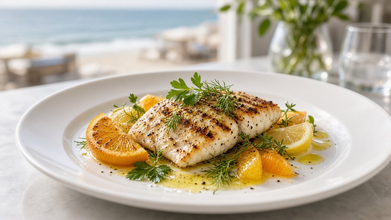 Plato de pescado mediterráneo con hierbas y cítricos en restaurante de hotel