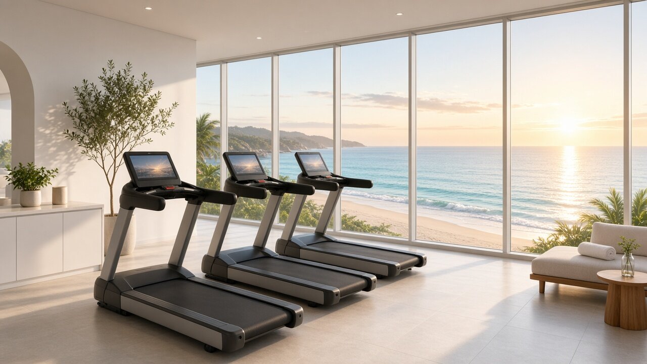 Gimnasio de hotel frente a ventanales con luz de amanecer y vistas al mar