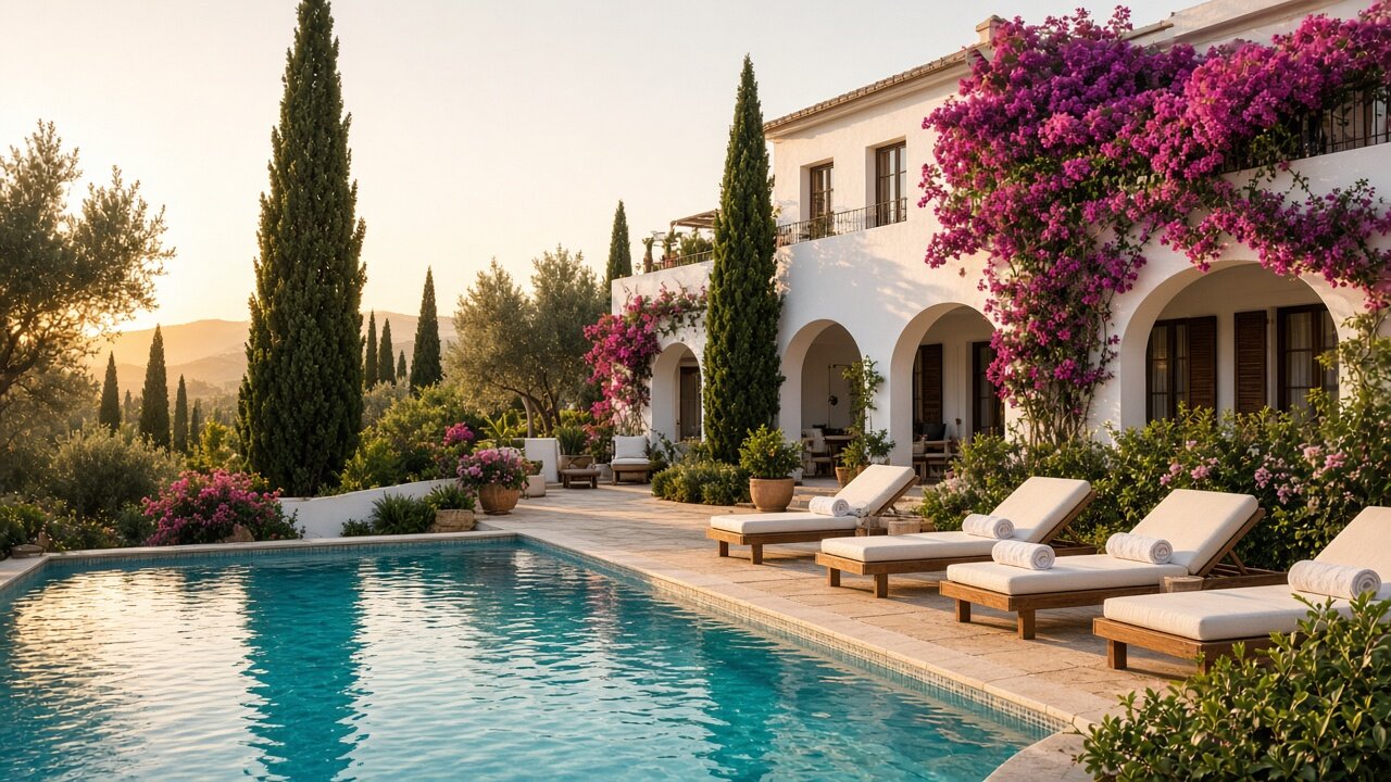 Piscina de hotel boutique al atardecer con tumbonas y fachada blanca